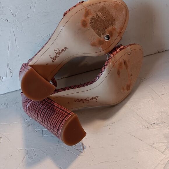 SAM EDELMAN Women's 7 Strappy YARO 4" Heels Strap Pink PLAID - Picture 7 of 8